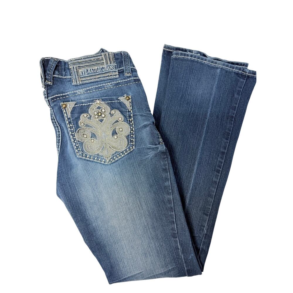 Hydraulic Jeans Womens 8 Blue Bootcut Fleur De Lis Embroidered Y2K